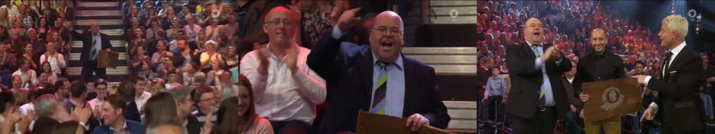 acteur presentator Rene Kogelman tijdens een live uitzending Versteckte Kamera in Duitsland met miljoenen kijkers
